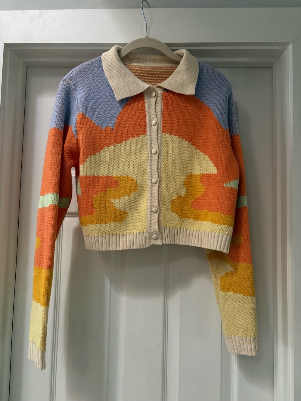 Cropped Collared Colorblock Cardigan in Cream, Orange, Yellow & Light Blue
